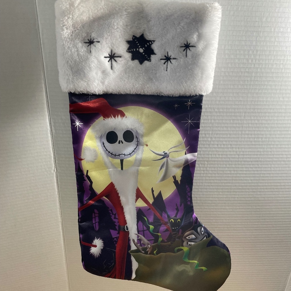 The Nightmare Before Christmas Stocking Black Satin Fur Jack Skellington & Zero